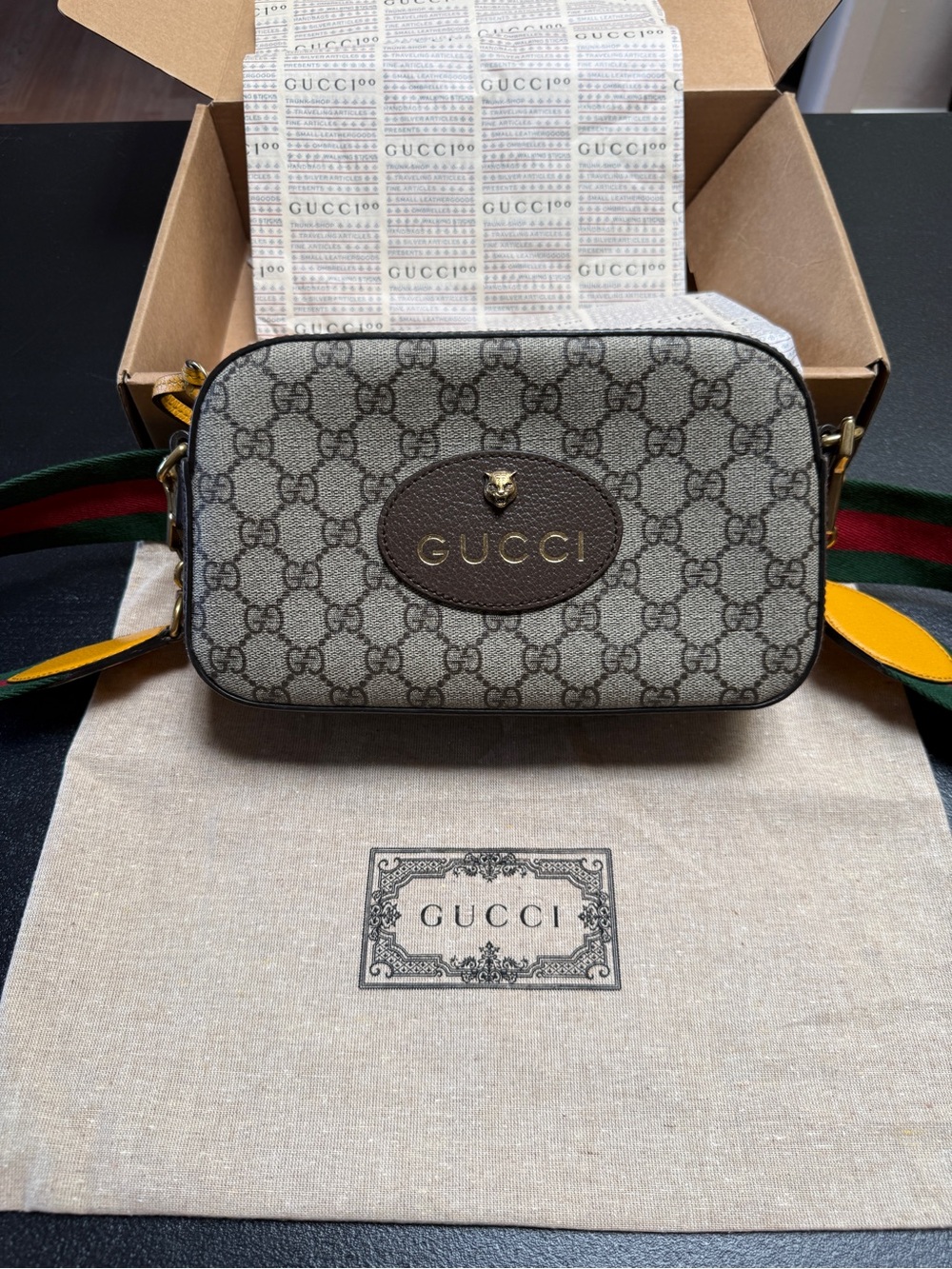 Gucci GG Canvas Messenger Bag in Beige, Brown with Green/Red Strap